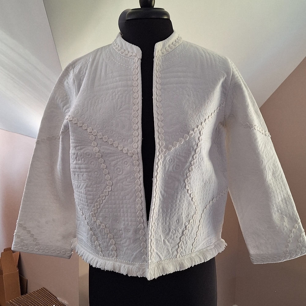 Lacey Chabert Embroidered Novelty Jacket with Fringe Hem White NWT Medium